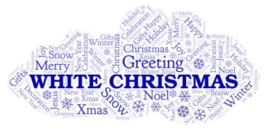 Beyaz Noel kelime bulutu. Yalnızca metin ile yapılan Wordcloud.