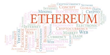 Ethereum cryptocurrency para kelime bulutu. Yalnızca metin ile yapılan kelime bulutu.