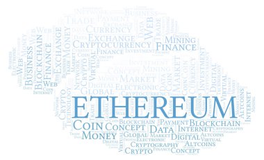 Ethereum cryptocurrency para kelime bulutu. Yalnızca metin ile yapılan kelime bulutu.
