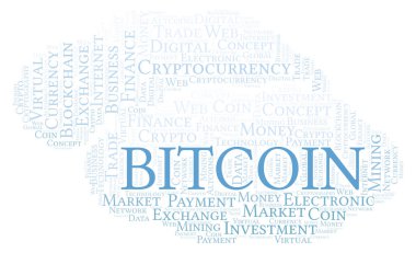 Bitcoin cryptocurrency para kelime bulutu. Yalnızca metin ile yapılan kelime bulutu.