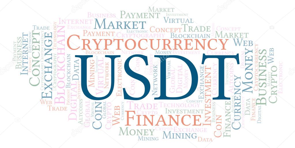 USDT or Tether cryptocurrency coin word cloud. Word cloud made with text only.