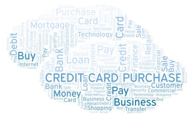 Kredi kartı satın alma kelime bulutu. Yalnızca metin ile yapılan Wordcloud.