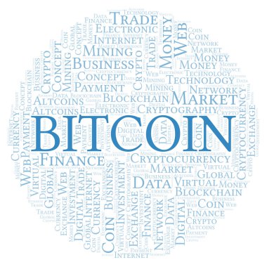 Bitcoin cryptocurrency para kelime bulutu. Yalnızca metin ile yapılan kelime bulutu.