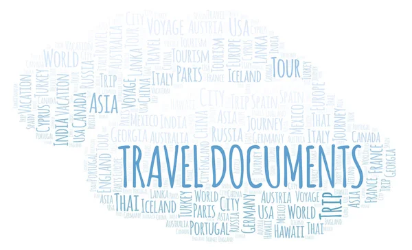 Documenti Viaggio Parola Nuvola Wordcloud Realizzato Solo Con Testo — Foto Stock