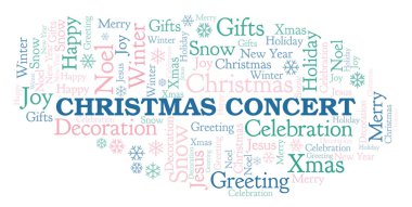 Noel konseri kelime bulutu. Yalnızca metin ile yapılan Wordcloud.