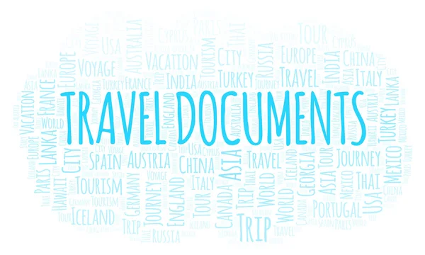 Documenti Viaggio Parola Nuvola Wordcloud Realizzato Solo Con Testo — Foto Stock