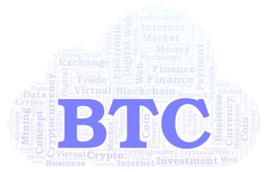 BTC veya Bitcoin cryptocurrency para kelime bulutu. Yalnızca metin ile yapılan kelime bulutu.