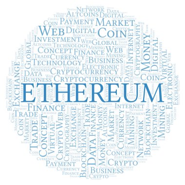 Ethereum cryptocurrency para kelime bulutu. Yalnızca metin ile yapılan kelime bulutu.