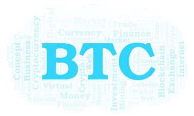 BTC veya Bitcoin cryptocurrency para kelime bulutu. Yalnızca metin ile yapılan kelime bulutu.