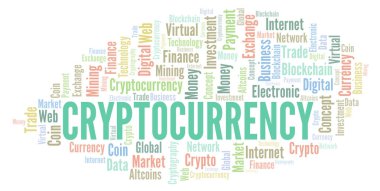 Cryptocurrency cryptocurrency para kelime bulutu. Yalnızca metin ile yapılan kelime bulutu.