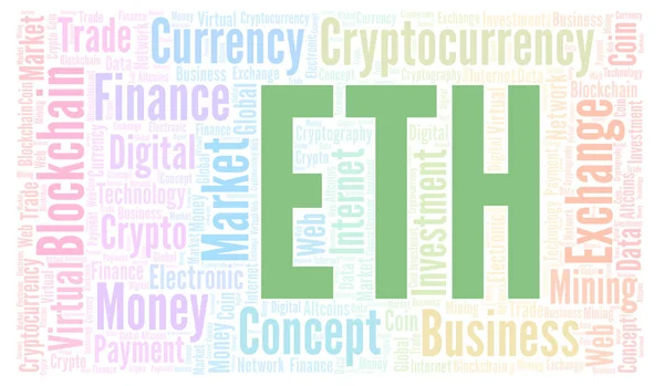 Eth 或以太坊加密货币硬币字云 只用文字制作的文字云 — 图库照片