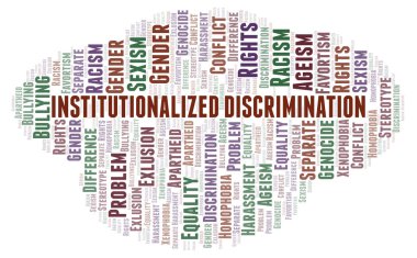 Kurumsallaşmış ayrımcılık - ayrımcılık türünü - kelime bulutu. Yalnızca metin ile yapılan Wordcloud.