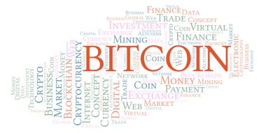 Bitcoin cryptocurrency para kelime bulutu. Yalnızca metin ile yapılan kelime bulutu.