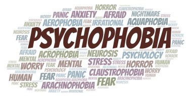 Psychophobia kelime bulutu. Yalnızca metin ile yapılan Wordcloud.