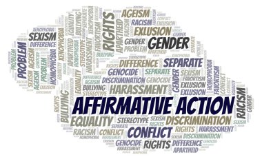 Pozitif ayrımcılık - ayrımcılık türünü - kelime bulutu. Yalnızca metin ile yapılan Wordcloud.