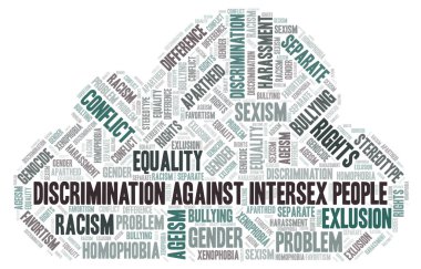 İnterseks insanlar - ayrımcılık türünü - kelime bulutu karşı ayrımcılık. Yalnızca metin ile yapılan Wordcloud.