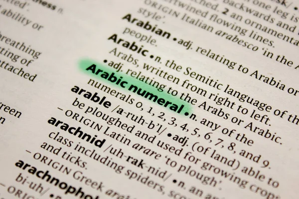 Arabic numeral word or phrase in a dictionary