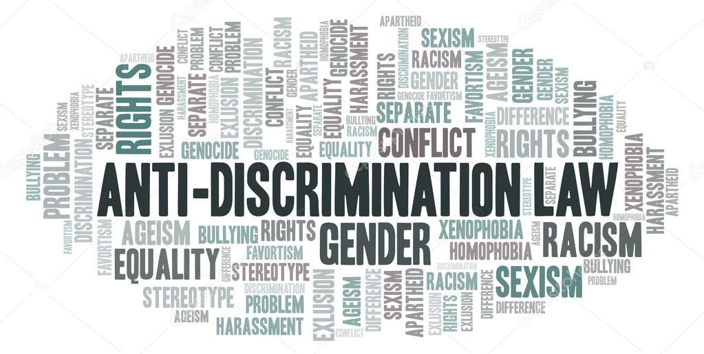 Anti-Discrimination Law - type of discrimination - word cloud. Wordcloud made with text only.