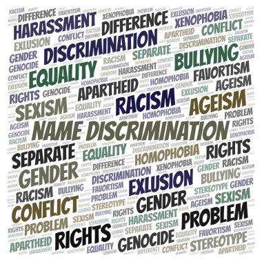 Ayrımcılık - ayrımcılık türünü - kelime bulut adı. Yalnızca metin ile yapılan Wordcloud.