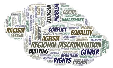 Bölgesel ayrımcılık - ayrımcılık türünü - kelime bulutu. Yalnızca metin ile yapılan Wordcloud.