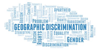 Coğrafi ayrımcılık - ayrımcılık türünü - kelime bulutu. Yalnızca metin ile yapılan Wordcloud.