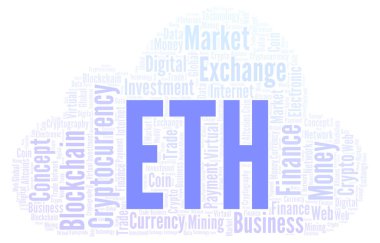 Cryptocurrency para kelime bulutu ETH veya Ethereum. Yalnızca metin ile yapılan kelime bulutu.