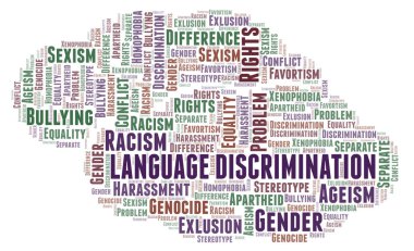 Dil ayrımcılık - ayrımcılık türünü - kelime bulutu. Yalnızca metin ile yapılan Wordcloud.