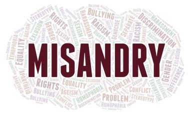 Misandry - ayrımcılık türünü - kelime bulutu. Yalnızca metin ile yapılan Wordcloud.