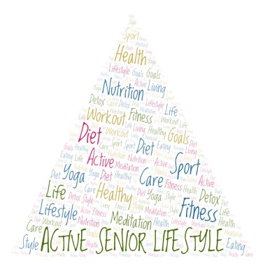 Aktif kıdemli yaşam tarzı kelime bulutu. Yalnızca metin ile yapılan Wordcloud.