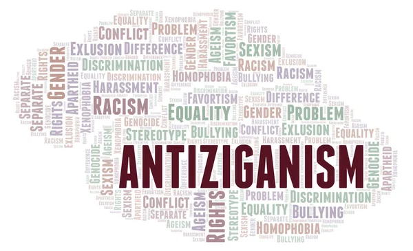 Antiziganismo Tipo Discriminazione Parola Nube Wordcloud Realizzato Solo Con Testo — Foto Stock