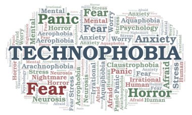 Technophobia kelime bulutu. Yalnızca metin ile yapılan Wordcloud.