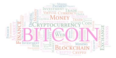 Bitcoin cryptocurrency para kelime bulutu.