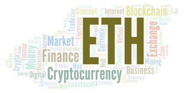 ETH veya Ethereum cryptocurrency para kelime bulutu.