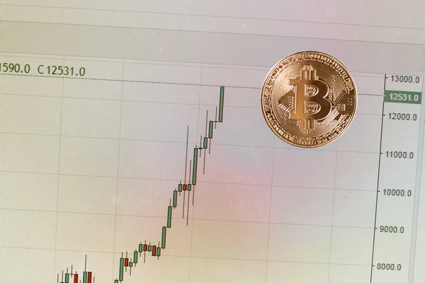 Χρυσή Bitcoin Κέρμα Ένα Γράφημα Του Νομίσματος Ανάπτυξης — Φωτογραφία Αρχείου
