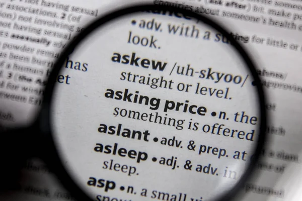 The word or phrase asking price in a dictionary book.