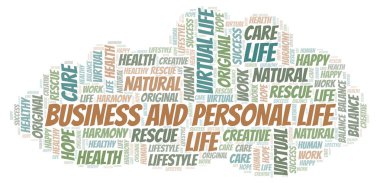 İş ve özel hayatı kelime bulutu. Yalnızca metin ile yapılan Wordcloud.