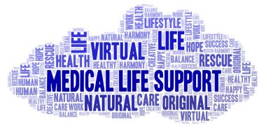 Tıbbi yaşam destek kelime bulutu. Yalnızca metin ile yapılan Wordcloud.