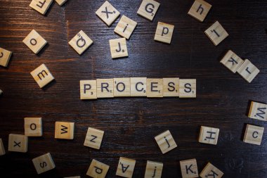 Siyah masa üzerinde scrabble harflerle yapılan kelime veya ifade Süreci.