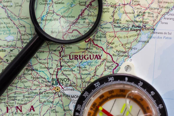 Uruguay on the map of the world or atlas.