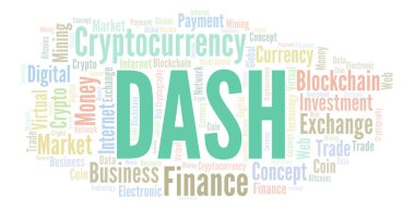 Dash cryptocurrency sikke kelime bulutu.