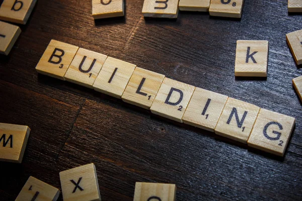 Word Phrase Building Made Scrabble Letters Black Table — Stock Photo, Image