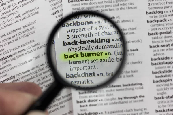 Word Phrase Back Burner Dictionary — Stock Photo, Image