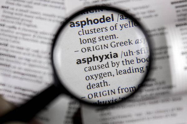 The word or phrase asphyxia in a dictionary book.