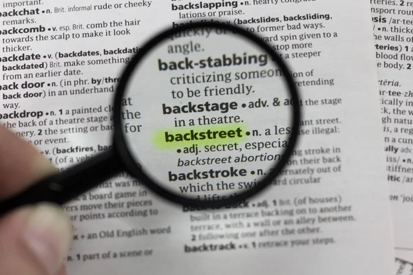 Das Wort Oder Die Phrase Backstreet Einem Wörterbuch — Stockfoto