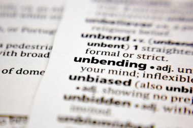 Word or phrase unbending in a dictionary.
