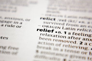 Word or phrase relief in a dictionary.