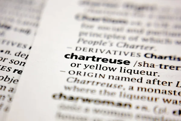 Word or phrase chartreuse in a dictionary. — Stock Photo, Image