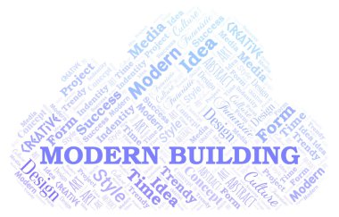 Modern Bina kelime bulut. Yalnızca metinle yapılan Wordcloud.