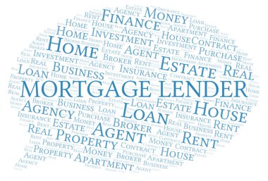 Mortgage Lender kelime bulut. Yalnızca metinle yapılan Wordcloud.