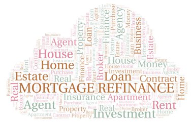 Mortgage Refinance kelime bulut. Yalnızca metinle yapılan Wordcloud.